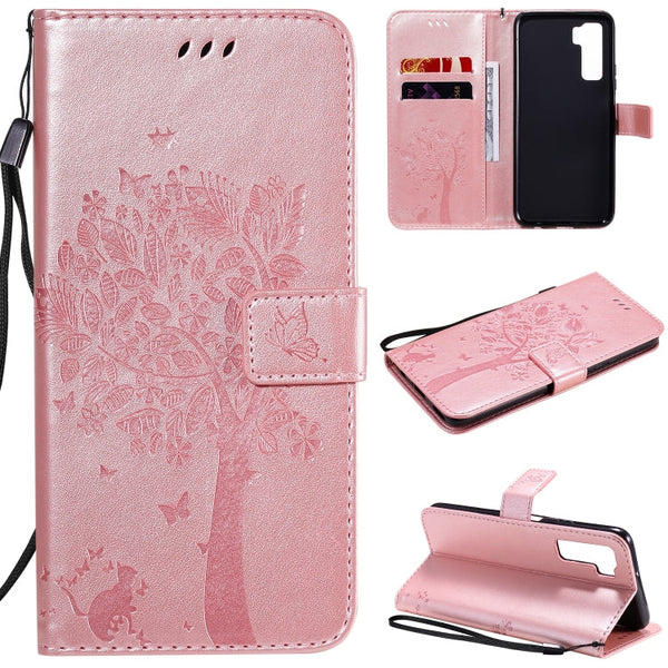 Tree & Cat Embossed Pattern Horizontal Flip Leather Case with Holder & Card Slots & Wallet & Lanyard, For Huawei Nova 7 SE, For Huawei Nova 7