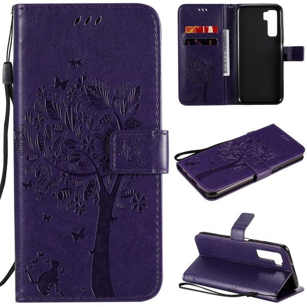 Tree & Cat Embossed Pattern Horizontal Flip Leather Case with Holder & Card Slots & Wallet & Lanyard, For Huawei Nova 7 SE, For Huawei Nova 7