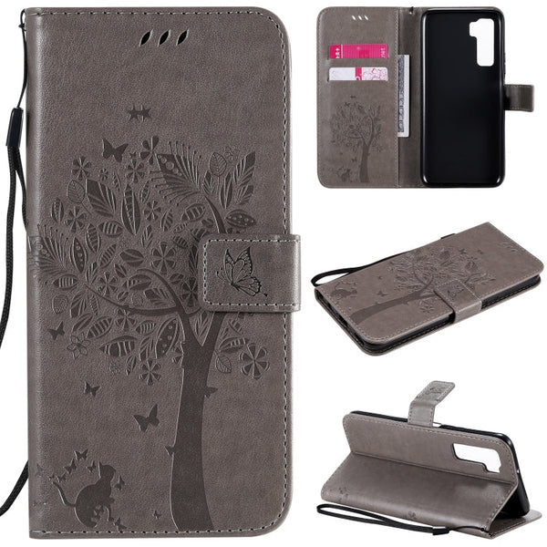 Tree & Cat Embossed Pattern Horizontal Flip Leather Case with Holder & Card Slots & Wallet & Lanyard, For Huawei Nova 7 SE, For Huawei Nova 7