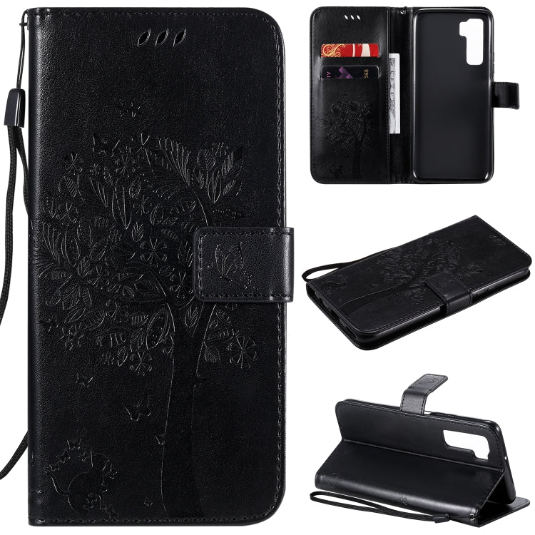 Tree & Cat Embossed Pattern Horizontal Flip Leather Case with Holder & Card Slots & Wallet & Lanyard, For Huawei Nova 7 SE, For Huawei Nova 7