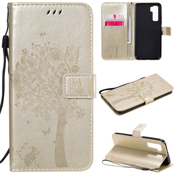Tree & Cat Embossed Pattern Horizontal Flip Leather Case with Holder & Card Slots & Wallet & Lanyard, For Huawei Nova 7 SE, For Huawei Nova 7