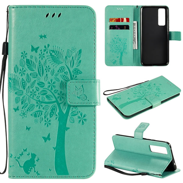 Tree & Cat Embossed Pattern Horizontal Flip Leather Case with Holder & Card Slots & Wallet & Lanyard, For Huawei Nova 7 SE, For Huawei Nova 7