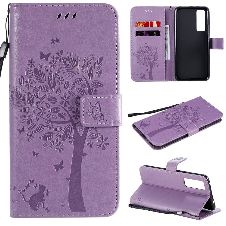 Tree & Cat Embossed Pattern Horizontal Flip Leather Case with Holder & Card Slots & Wallet & Lanyard, For Huawei Nova 7 SE, For Huawei Nova 7