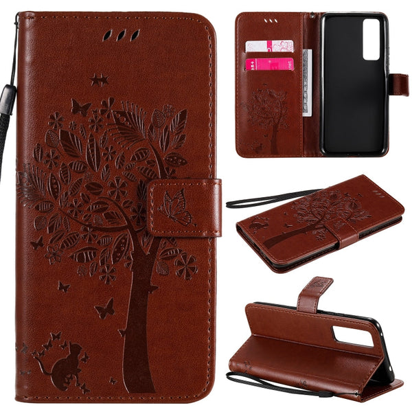 Tree & Cat Embossed Pattern Horizontal Flip Leather Case with Holder & Card Slots & Wallet & Lanyard, For Huawei Nova 7 SE, For Huawei Nova 7