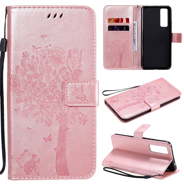 Tree & Cat Embossed Pattern Horizontal Flip Leather Case with Holder & Card Slots & Wallet & Lanyard, For Huawei Nova 7 SE, For Huawei Nova 7