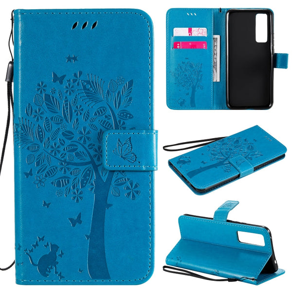 Tree & Cat Embossed Pattern Horizontal Flip Leather Case with Holder & Card Slots & Wallet & Lanyard, For Huawei Nova 7 SE, For Huawei Nova 7