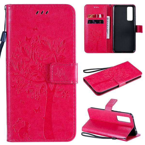 Tree & Cat Embossed Pattern Horizontal Flip Leather Case with Holder & Card Slots & Wallet & Lanyard, For Huawei Nova 7 SE, For Huawei Nova 7