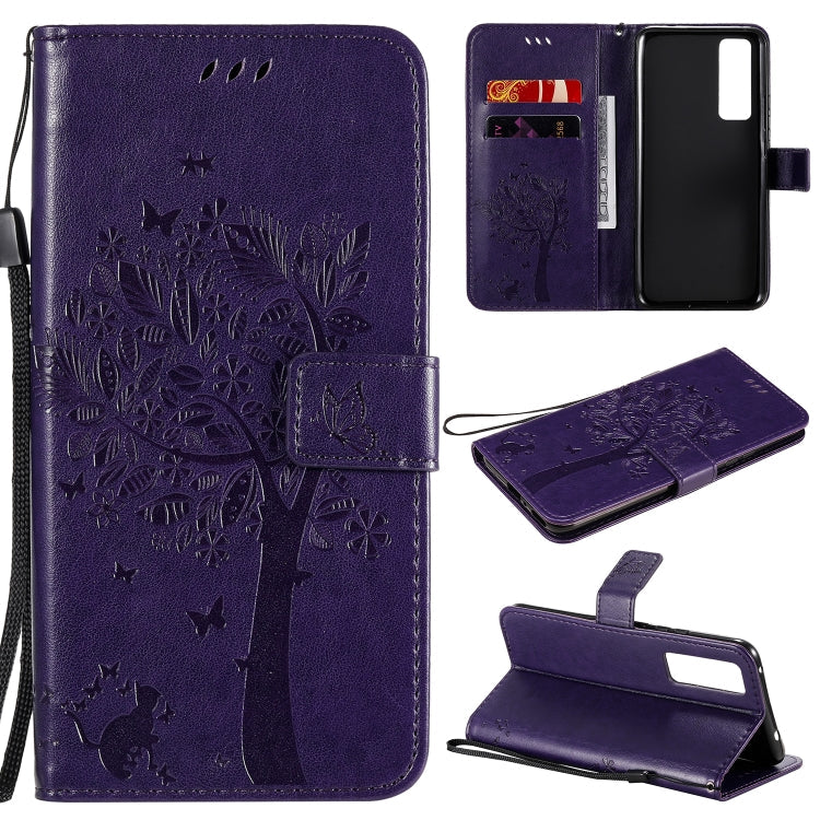 Tree & Cat Embossed Pattern Horizontal Flip Leather Case with Holder & Card Slots & Wallet & Lanyard, For Huawei Nova 7 SE, For Huawei Nova 7