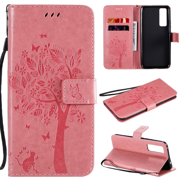 Tree & Cat Embossed Pattern Horizontal Flip Leather Case with Holder & Card Slots & Wallet & Lanyard, For Huawei Nova 7 SE, For Huawei Nova 7