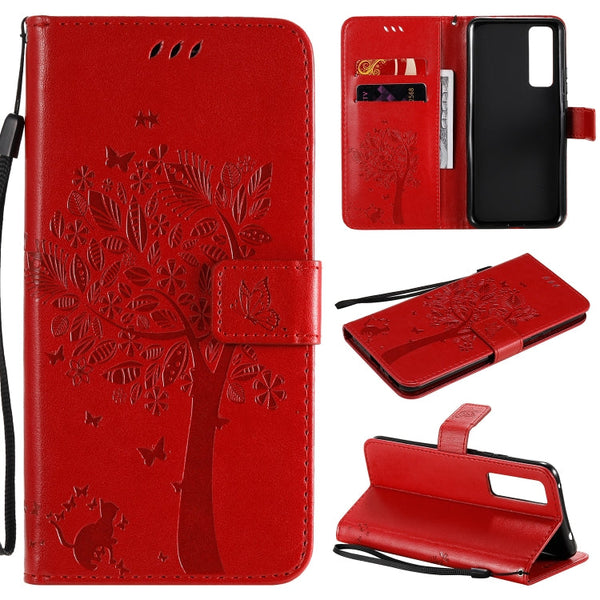 Tree & Cat Embossed Pattern Horizontal Flip Leather Case with Holder & Card Slots & Wallet & Lanyard, For Huawei Nova 7 SE, For Huawei Nova 7