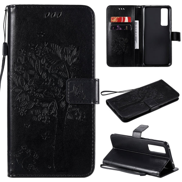Tree & Cat Embossed Pattern Horizontal Flip Leather Case with Holder & Card Slots & Wallet & Lanyard, For Huawei Nova 7 SE, For Huawei Nova 7