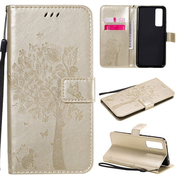 Tree & Cat Embossed Pattern Horizontal Flip Leather Case with Holder & Card Slots & Wallet & Lanyard, For Huawei Nova 7 SE, For Huawei Nova 7