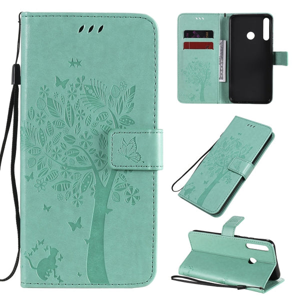 Tree & Cat Embossed Pattern Horizontal Flip Leather Case with Holder & Card Slots & Wallet & Lanyard, For Huawei P40 Lite E, For Huawei P Smart 2020