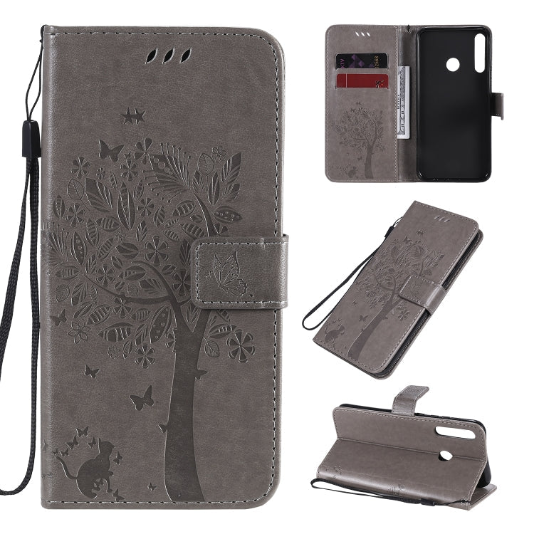 Tree & Cat Embossed Pattern Horizontal Flip Leather Case with Holder & Card Slots & Wallet & Lanyard, For Huawei P40 Lite E, For Huawei P Smart 2020