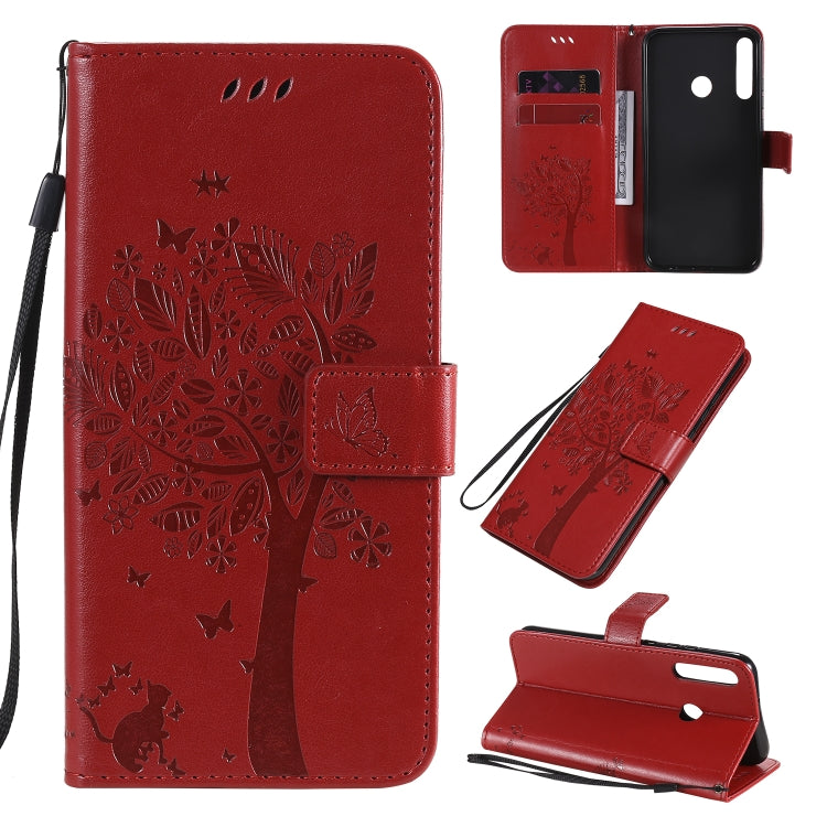 Tree & Cat Embossed Pattern Horizontal Flip Leather Case with Holder & Card Slots & Wallet & Lanyard, For Huawei P40 Lite E, For Huawei P Smart 2020