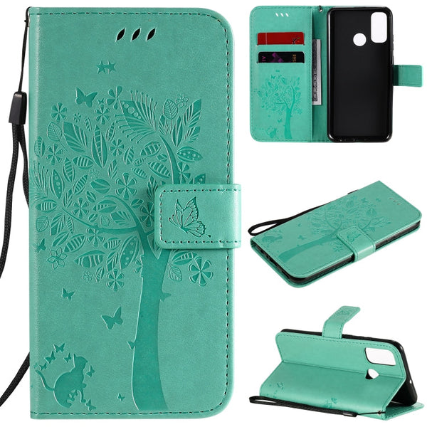 Tree & Cat Embossed Pattern Horizontal Flip Leather Case with Holder & Card Slots & Wallet & Lanyard, For Huawei P40 Lite E, For Huawei P Smart 2020