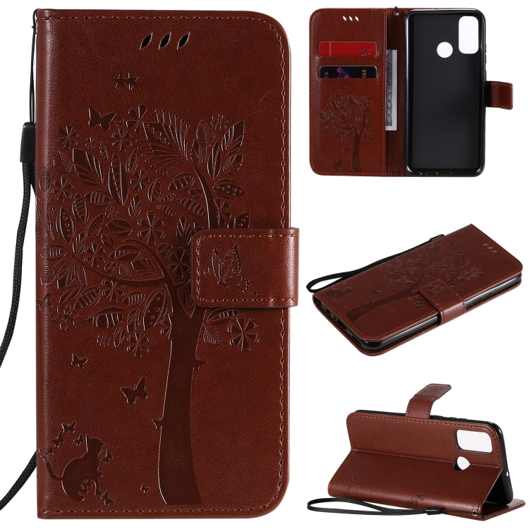 Tree & Cat Embossed Pattern Horizontal Flip Leather Case with Holder & Card Slots & Wallet & Lanyard, For Huawei P40 Lite E, For Huawei P Smart 2020