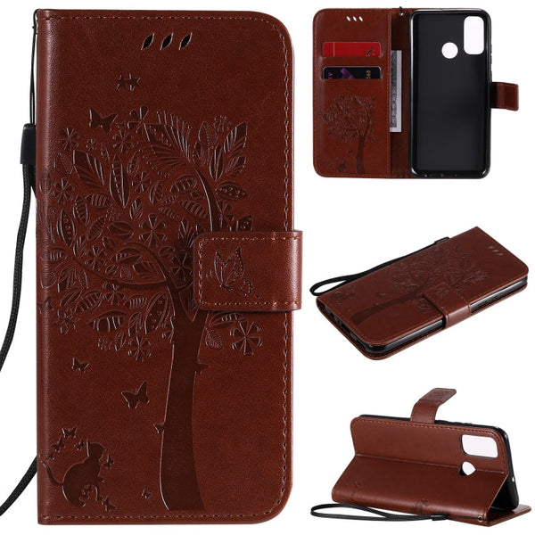 Tree & Cat Embossed Pattern Horizontal Flip Leather Case with Holder & Card Slots & Wallet & Lanyard, For Huawei P40 Lite E, For Huawei P Smart 2020