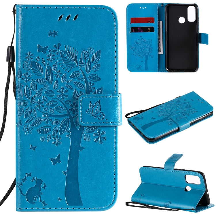 Tree & Cat Embossed Pattern Horizontal Flip Leather Case with Holder & Card Slots & Wallet & Lanyard, For Huawei P40 Lite E, For Huawei P Smart 2020