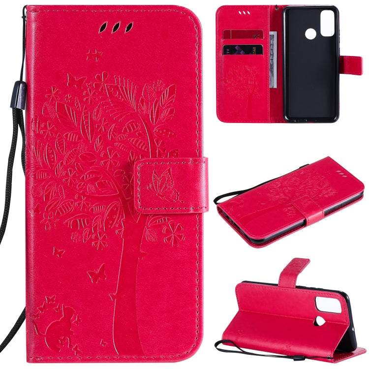 Tree & Cat Embossed Pattern Horizontal Flip Leather Case with Holder & Card Slots & Wallet & Lanyard, For Huawei P40 Lite E, For Huawei P Smart 2020