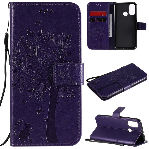 Tree & Cat Embossed Pattern Horizontal Flip Leather Case with Holder & Card Slots & Wallet & Lanyard, For Huawei P40 Lite E, For Huawei P Smart 2020