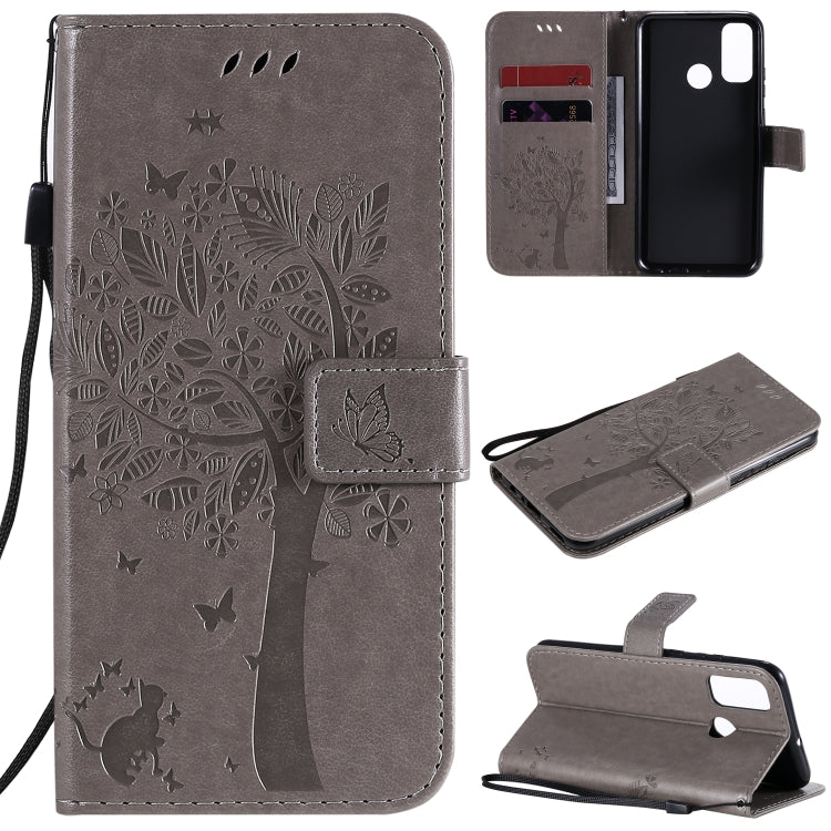 Tree & Cat Embossed Pattern Horizontal Flip Leather Case with Holder & Card Slots & Wallet & Lanyard, For Huawei P40 Lite E, For Huawei P Smart 2020