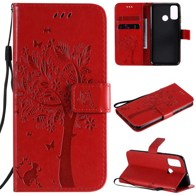 Tree & Cat Embossed Pattern Horizontal Flip Leather Case with Holder & Card Slots & Wallet & Lanyard, For Huawei P40 Lite E, For Huawei P Smart 2020