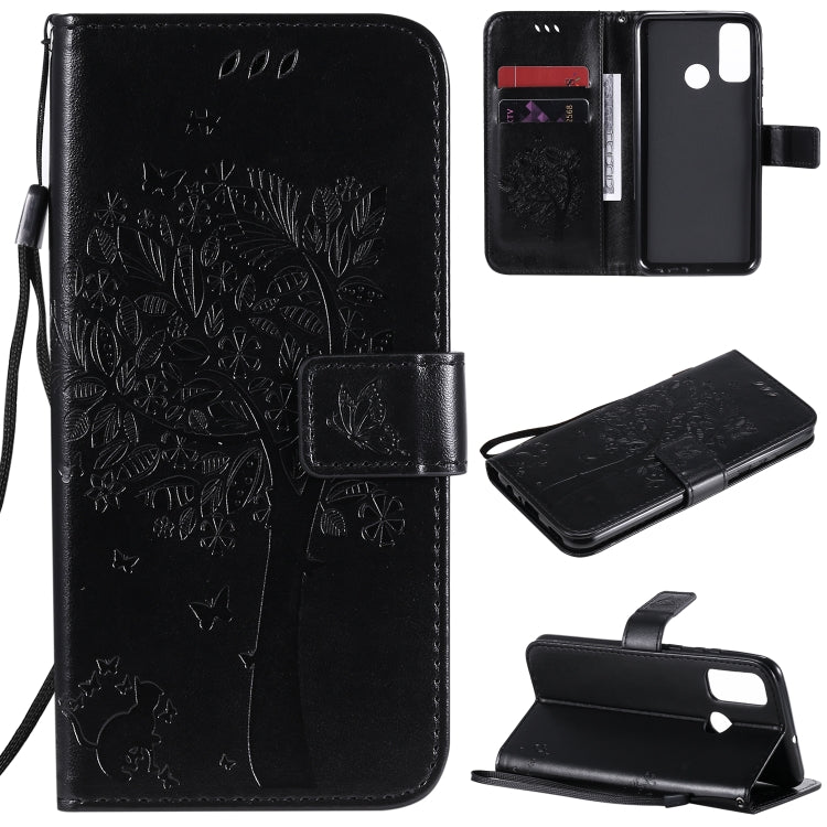 Tree & Cat Embossed Pattern Horizontal Flip Leather Case with Holder & Card Slots & Wallet & Lanyard, For Huawei P40 Lite E, For Huawei P Smart 2020
