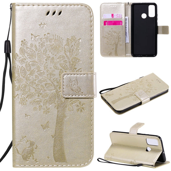 Tree & Cat Embossed Pattern Horizontal Flip Leather Case with Holder & Card Slots & Wallet & Lanyard, For Huawei P40 Lite E, For Huawei P Smart 2020