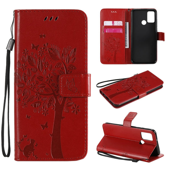 Tree & Cat Embossed Pattern Horizontal Flip Leather Case with Holder & Card Slots & Wallet & Lanyard, For Huawei Honor 9A, For Huawei Honor 30 Pro