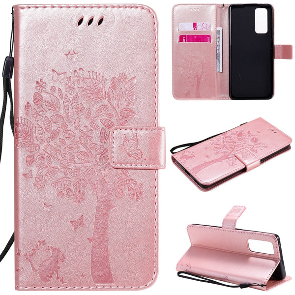 Tree & Cat Embossed Pattern Horizontal Flip Leather Case with Holder & Card Slots & Wallet & Lanyard, For Huawei Honor 9A, For Huawei Honor 30 Pro