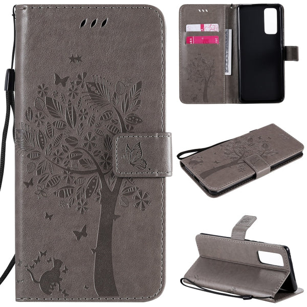Tree & Cat Embossed Pattern Horizontal Flip Leather Case with Holder & Card Slots & Wallet & Lanyard, For Huawei Honor 9A, For Huawei Honor 30 Pro