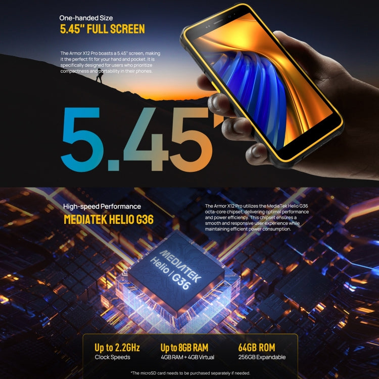 Ulefone Armor X12 Pro, IP68/IP69K Rugged Phone, 5.45 inch Android 14 MediaTek Helio G36 Octa Core, Network: 4G, NFC