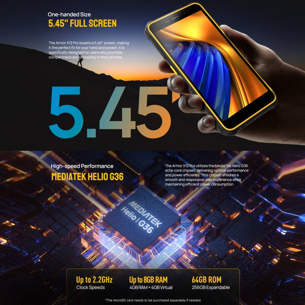 Ulefone Armor X12 Pro, IP68/IP69K Rugged Phone, 5.45 inch Android 14 MediaTek Helio G36 Octa Core, Network: 4G, NFC