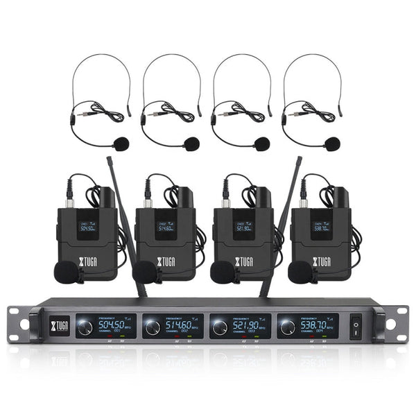 XTUGA A140-B Wireless Microphone System 4 BodyPack Headset Lavalier Microphone