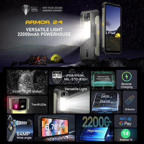 Ulefone Armor 24, Rugged Phone, Side Fingerprint, 22000mAh, 6.78 inch Android 14 MediaTek Helio G96 Octa Core, Network: 4G, NFC