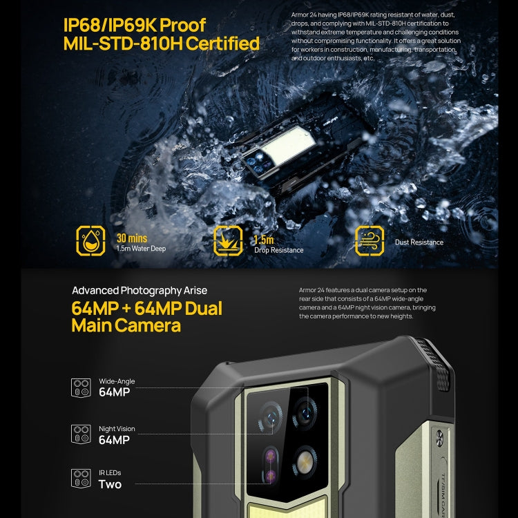Ulefone Armor 24, Rugged Phone, Side Fingerprint, 22000mAh, 6.78 inch Android 14 MediaTek Helio G96 Octa Core, Network: 4G, NFC
