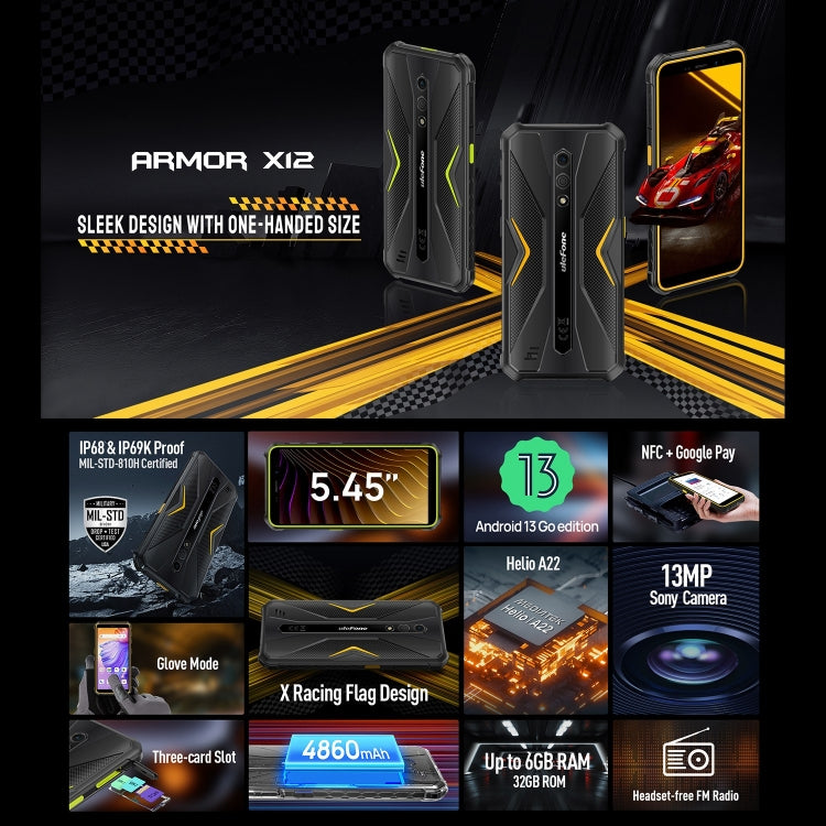 Ulefone Armor X12, Rugged Phone, Face Unlock, 5.45 inch Android 13 Go MediaTek Helio A22 Quad Core, Network: 4G, NFC