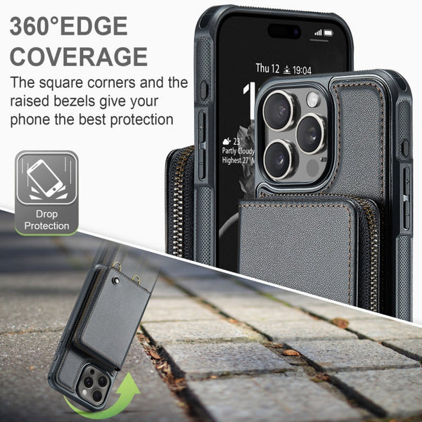 JEEHOOD C22 Series Zipper Wallet Leather Phone Case with Dual Lanyard