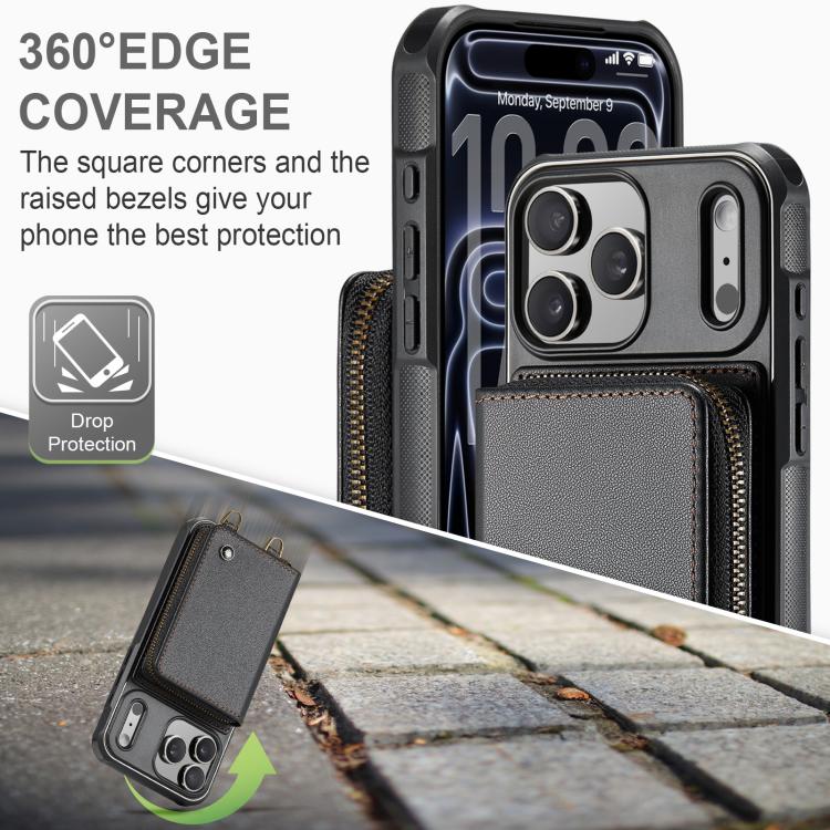 JEEHOOD C22 Series Zipper Wallet Leather Phone Case with Dual Lanyard