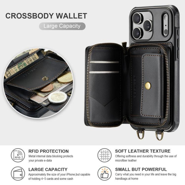 JEEHOOD C22 Series Zipper Wallet Leather Phone Case with Dual Lanyard