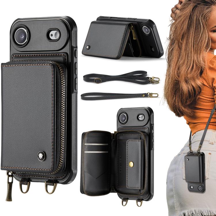 JEEHOOD C22 Series Zipper Wallet Leather Phone Case with Dual Lanyard