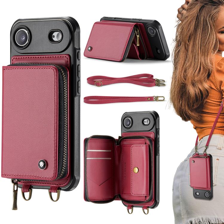 JEEHOOD C22 Series Zipper Wallet Leather Phone Case with Dual Lanyard