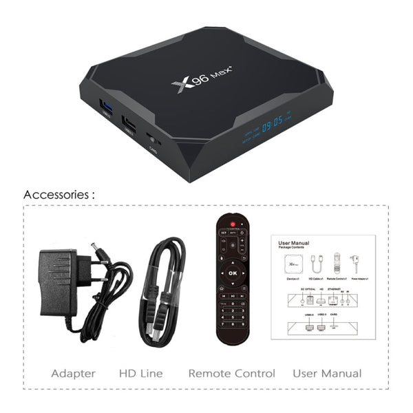 X96 max+ 4K Smart TV Box, Android 9.0, Amlogic S905X3 Quad-Core Cortex-A55,4GB+32GB, Support LAN, AV, 2.4G/5G WiFi, USBx2,TF Card,