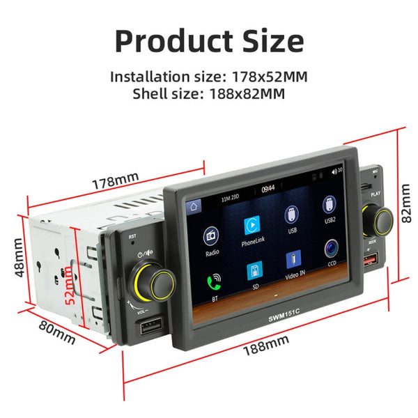 SWM151C 5 inch Portable Car MP5 Player Support CarPlay / Android Auto