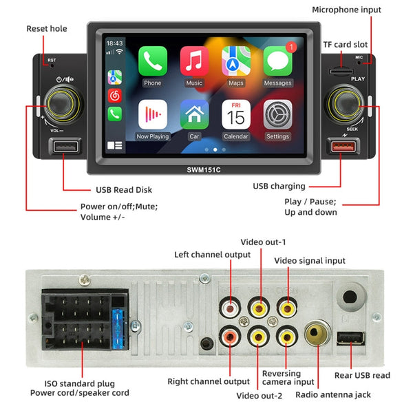 SWM151C 5 inch Portable Car MP5 Player Support CarPlay / Android Auto