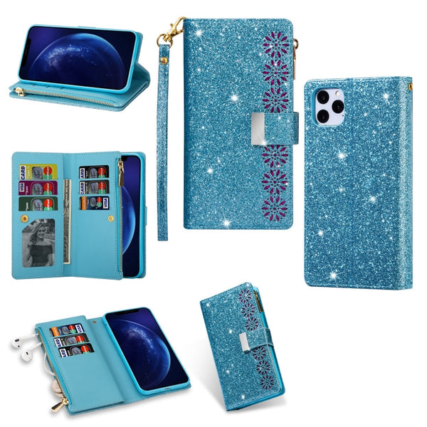 Multi-card Slots Starry Sky Laser Carving Glitter Zipper Horizontal Flip Leather Case with Holder & Wallet & Lanyard, For iPhone 11 Pro Max, For iPhone 11 Pro, For iPhone 11, For iPhone XS Max