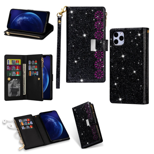 Multi-card Slots Starry Sky Laser Carving Glitter Zipper Horizontal Flip Leather Case with Holder & Wallet & Lanyard, For iPhone 11 Pro Max, For iPhone 11 Pro, For iPhone 11, For iPhone XS Max