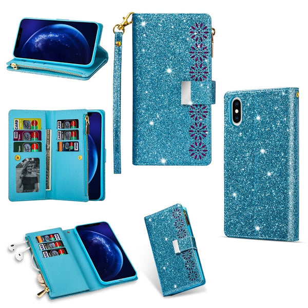 Multi-card Slots Starry Sky Laser Carving Glitter Zipper Horizontal Flip Leather Case with Holder & Wallet & Lanyard, For iPhone 11 Pro Max, For iPhone 11 Pro, For iPhone 11, For iPhone XS Max