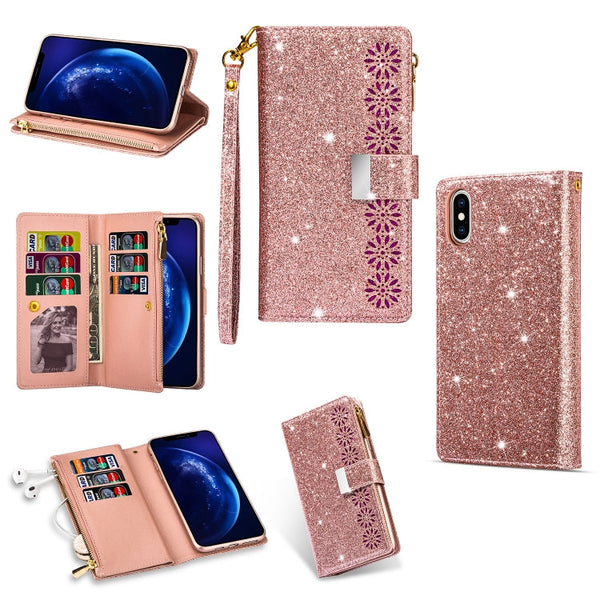 Multi-card Slots Starry Sky Laser Carving Glitter Zipper Horizontal Flip Leather Case with Holder & Wallet & Lanyard, For iPhone 11 Pro Max, For iPhone 11 Pro, For iPhone 11, For iPhone XS Max